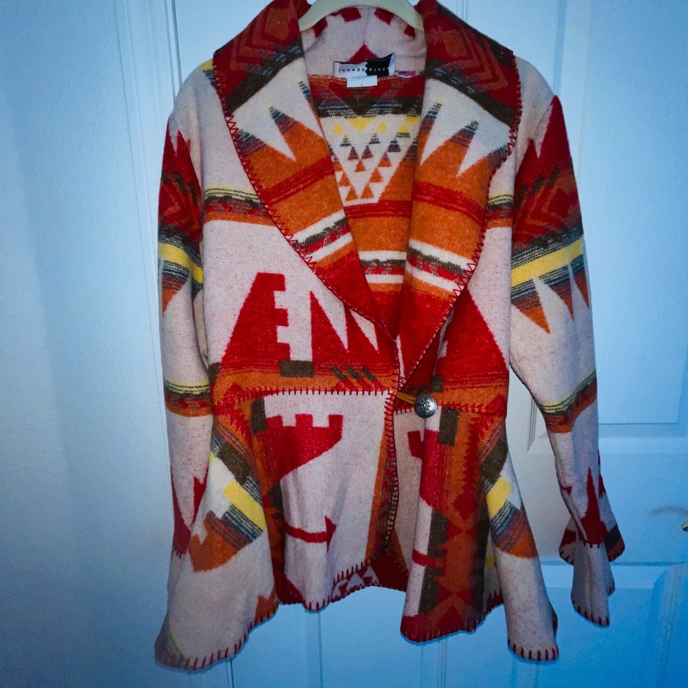 RHONDA STARK USA Made Southwest Geometric Blanket Print Peplum Jacket Blazer S - Picture 4 of 11